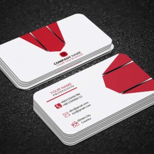 Modern professional business card design by AUZ Studio featuring a clean red and white geometric theme with rounded corners, displayed in a realistic mockup on a textured dark background.