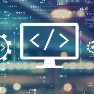 A conceptual digital interface for custom web application development by AUZ Studio, featuring a large monitor icon with a coding symbol (slash and brackets) surrounded by abstract gears, data points, and technical UI elements.