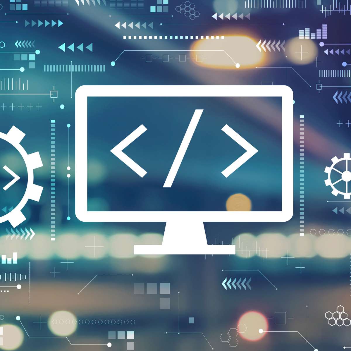 A conceptual digital interface for custom web application development by AUZ Studio, featuring a large monitor icon with a coding symbol (slash and brackets) surrounded by abstract gears, data points, and technical UI elements.