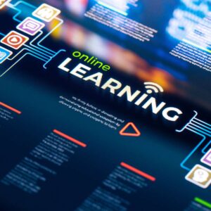 A high-tech digital interface for an online learning management system designed by AUZ Studio, featuring vibrant neon icons for course modules, video playback, and a bold "online LEARNING" headline.