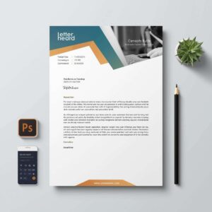 Professional letterhead design by AUZ Studio featuring a modern teal and orange geometric header, clean typography, and a minimalist footer, displayed on a desk next to a pencil and smartphone.
