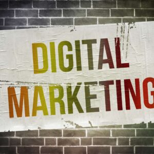 A vintage-style "Digital Marketing" poster design by AUZ Studio, featuring bold typography on a distressed, stained paper texture, pinned against a dark, modern brick wall background.