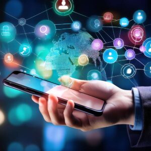 A professional at AUZ Studio holding a smartphone that displays a vibrant, glowing network of social media icons, user profiles, and a digital globe, representing global social media management.