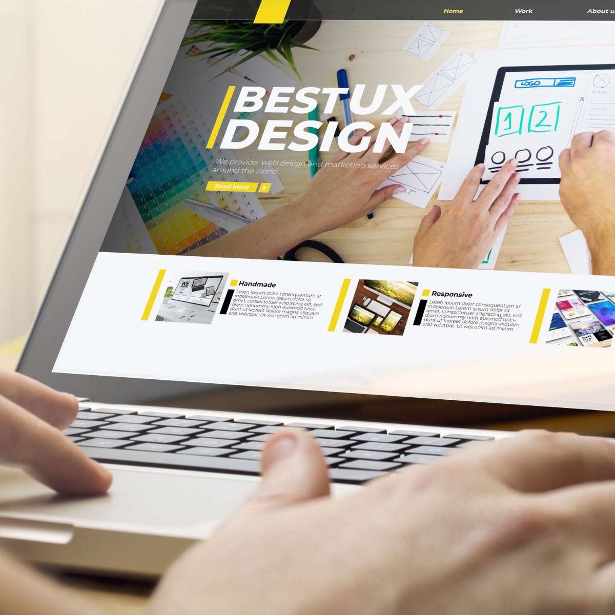 A modern responsive website design by AUZ Studio displayed on a laptop, featuring a bold "BEST UX DESIGN" headline, yellow accents, and clean layout sections for "Handmade" and "Responsive" services.