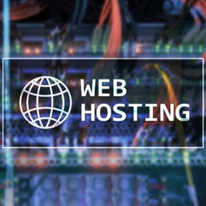 Professional web hosting services by AUZ Studio, featuring a "WEB HOSTING" title and globe icon overlaid on a high-speed data center server room with colorful fiber optic cables.