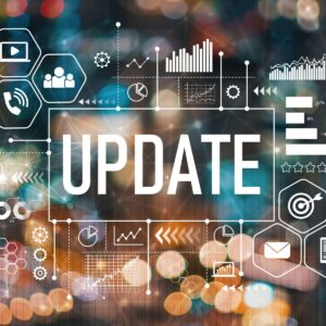 Digital interface for website maintenance services by AUZ Studio, featuring a large "UPDATE" headline surrounded by icons for security, analytics, performance tracking, and support.