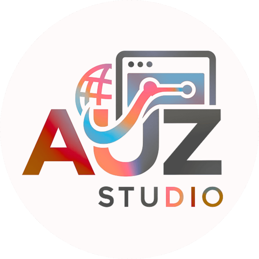 AUZ Studio official logo featuring a stylized 'A' in red and orange, a globe and browser window icon integrated with the letter 'U' , 'Z', and 'STUDIO' written in a modern sans-serif font below.