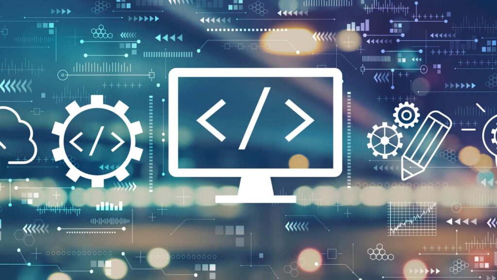 A digital illustration featuring a central computer monitor icon with a coding symbol , surrounded by gear icons, a pencil, and complex data visualization charts representing custom software development by AUZ Studio.