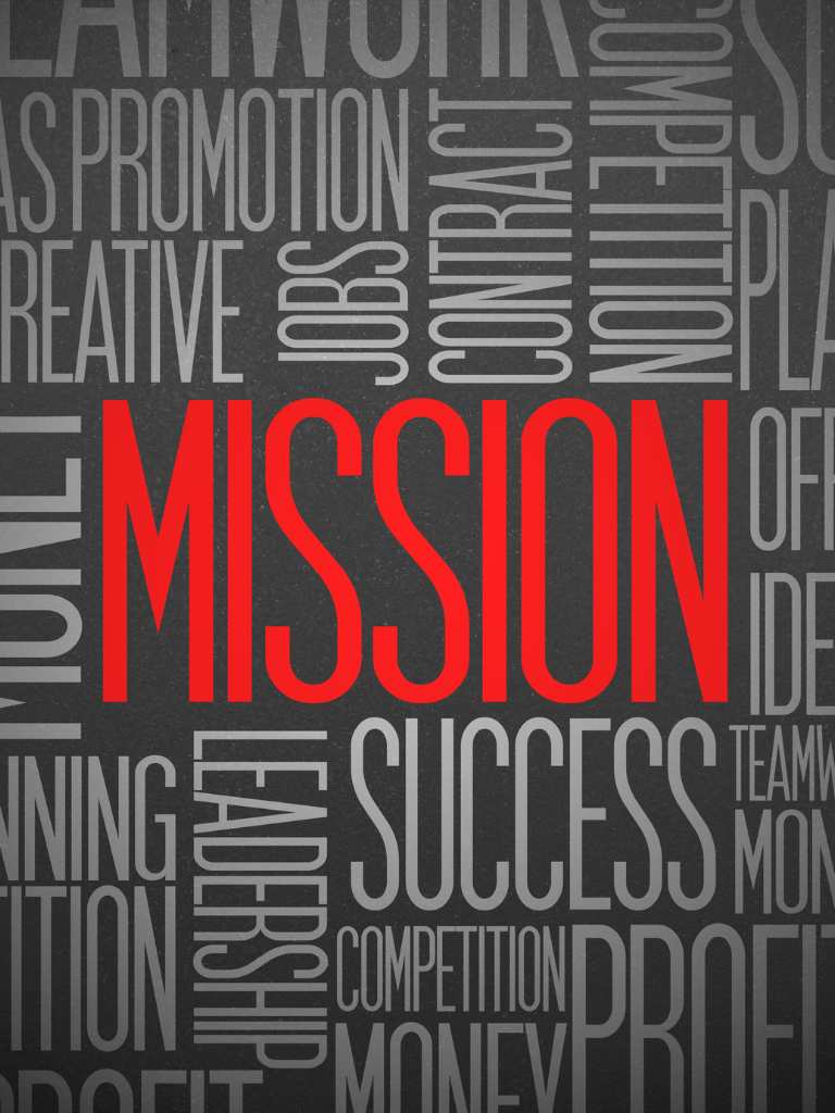 A professional typographic word cloud featuring a large, bold red "MISSION" centered among various business-focused words like "SUCCESS," "LEADERSHIP," and "PROFIT" on a dark background for AUZ Studio.