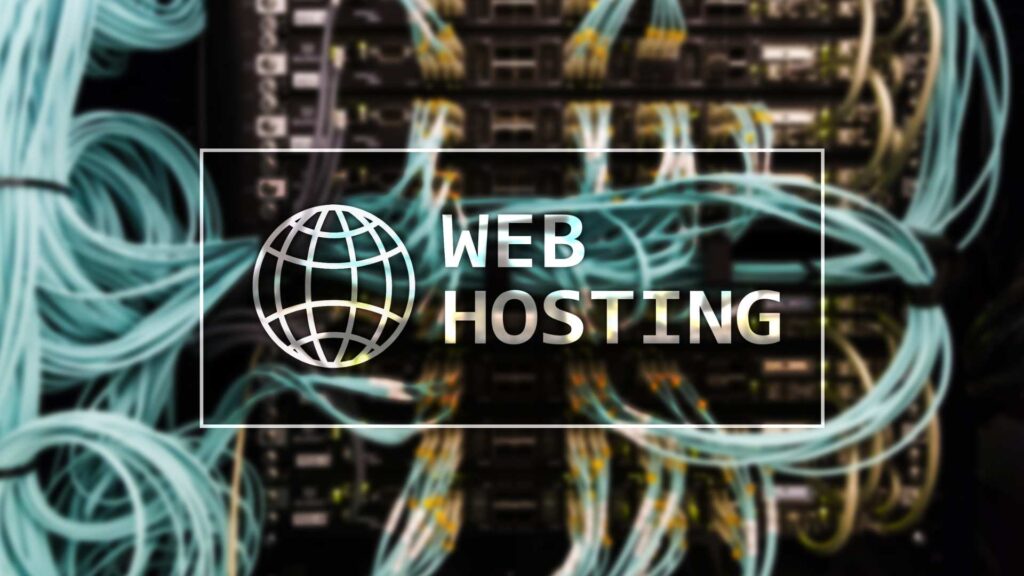A professional visualization of web hosting infrastructure featuring light-blue server cables and a data center rack background, with a central "WEB HOSTING" title and globe icon for AUZ Studio.