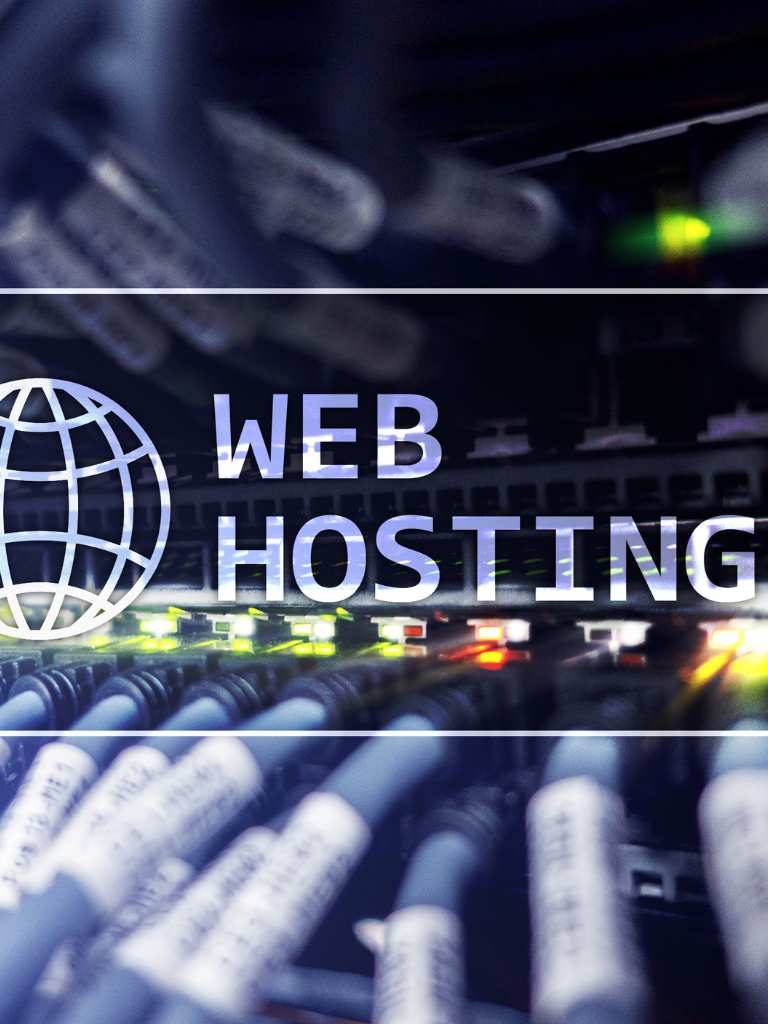 Close-up of high-speed network cables with glowing green and orange status lights in a data center, featuring a central "WEB HOSTING" title and globe icon for AUZ Studio services.