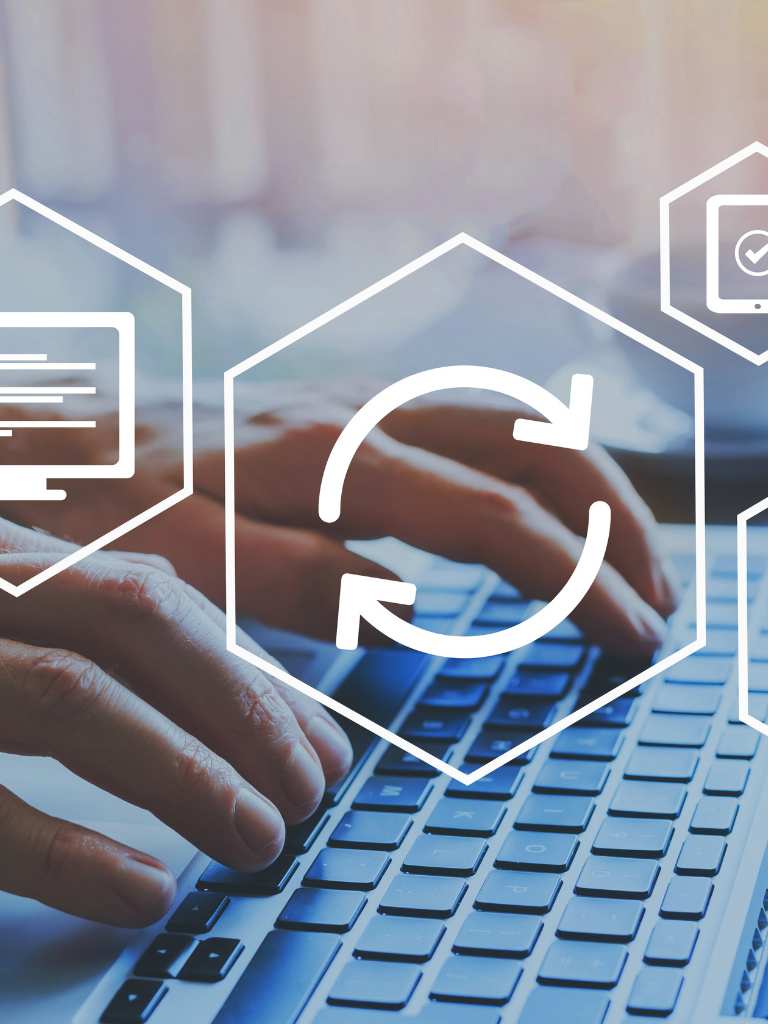 A close-up of hands typing on a laptop keyboard, overlaid with hexagonal icons representing data synchronization, desktop monitoring, and mobile security verification for AUZ Studio's maintenance services.